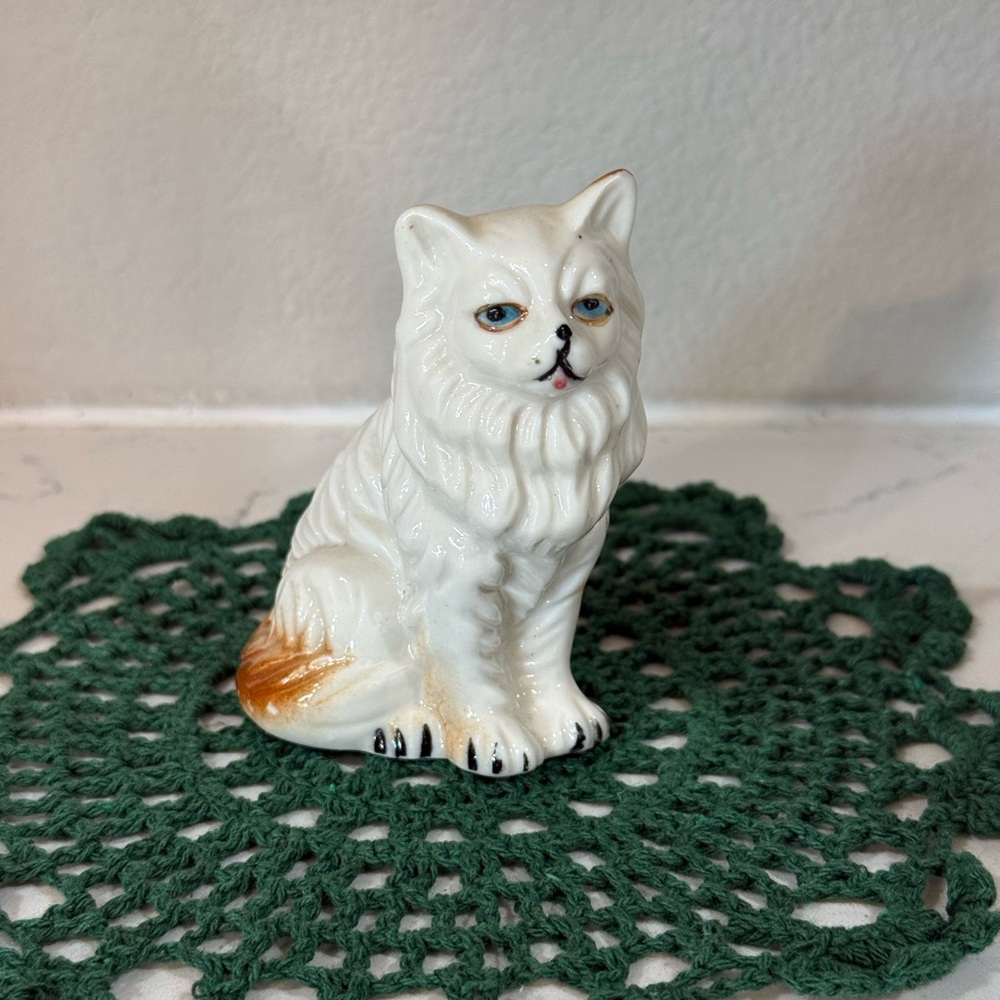 White Ceramic Sitting Cat Figurine with Gold Accent